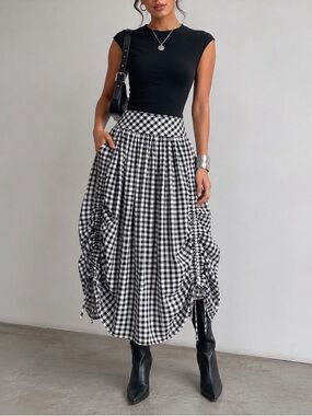 Cider Black & White Gingham Midi Skirt XS